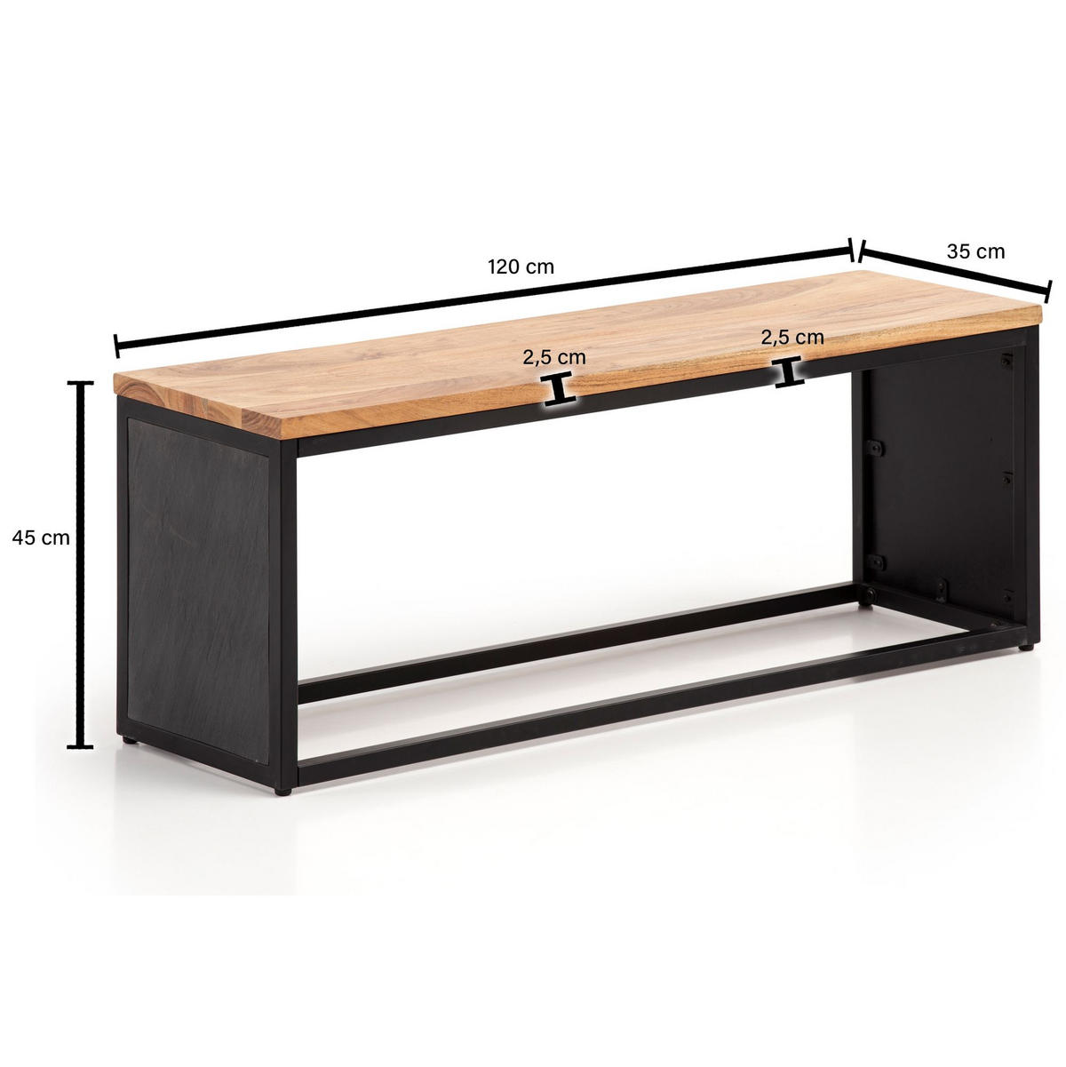 SITZBANK – Akazie Massivholz/Steinoptik, 120x45x35 cm, Metallgestell - Schwarz/Braun, Holz/Metall (120/45/35cm) - KADIMA DESIGN