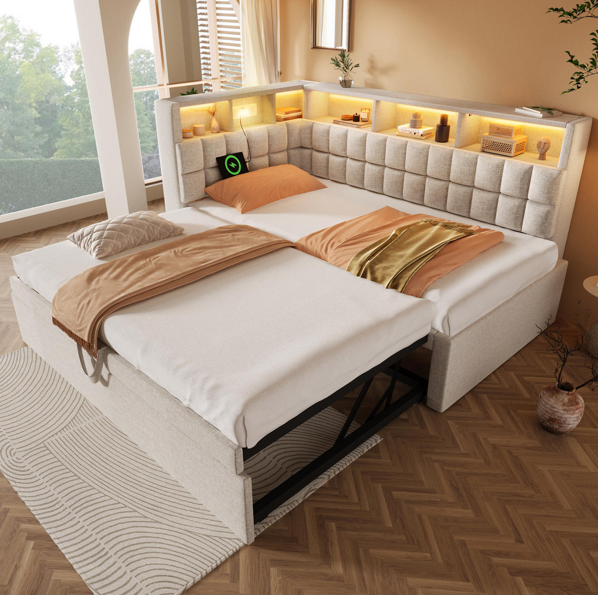 POLSTERBETT 90/200 cm mit Ausziehbett, LED und Bluetooth-Lautsprecher, Beige - Beige, Textil (90/200cm) - BEAOK