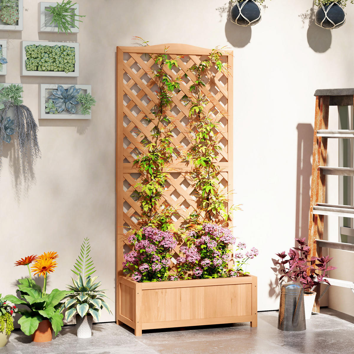 HOCHBEET DE-12197 mit Rankgitter 76/36/170 cm mit Lattenboden Braun - Braun, Holz (76/170/36cm) - ComfortXL