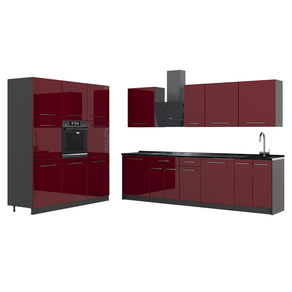 KÜCHENZEILE Fame-Line, Bordeaux Hochglanz/Anthrazit, 460 cm ohne Arbeitsplatte - Bordeaux/Anthrazit, Holzwerkstoff (460/206.8/51.6cm) - Vicco