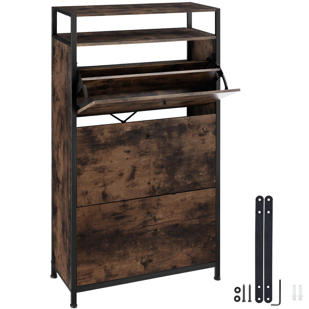 SCHUHSCHRANK Braddock,inklusive Kippschutz, 61 x 32 x 130 cm,Industrial Holz dunkel, rustikal - Rostfarben, Holzwerkstoff (32/130/61cm) - tectake