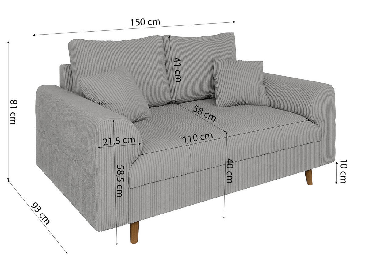 SITZGARNITUR 3+2+1 Alma Hellgrau Cord - Hellgrau/Schwarz, Holz/Textil (210/81/93cm) - S-Style Möbel
