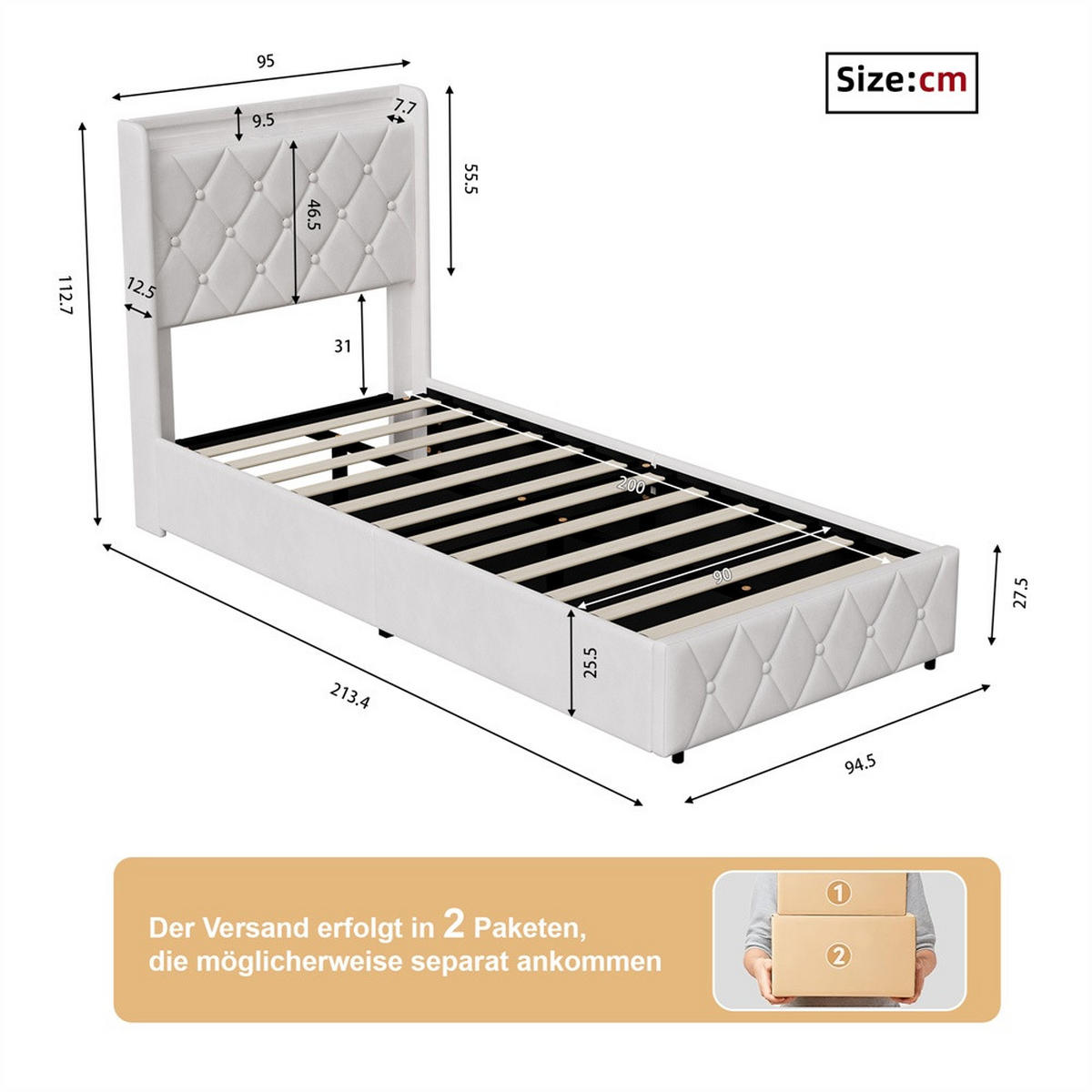 POLSTERBETT 90x200 cm mit hydraulischem Stauraum - Kopfteil Regal & LED - USB - ohne Matratze - Beige - Beige, Textil (90/200cm) - DELFA