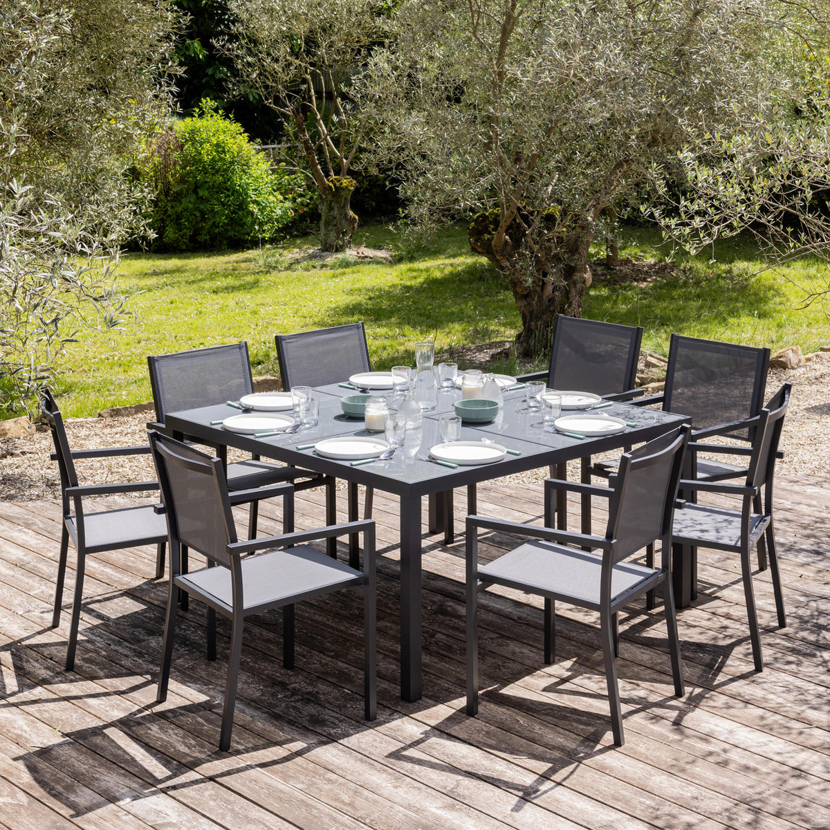 GARTENMÖBEL Cagliari Grau und anthrazit 8 Plätze - Grau, Metall - Happy Garden