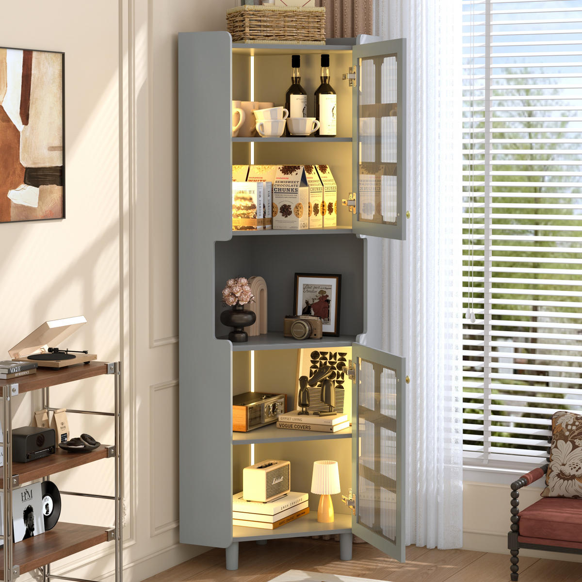 LED-ECKSPEICHERSCHRANK 63.5x17x157.5 cm Grau aus Spanplatte mit App-LED & 3-Zonen-Storage - Grau, Holzwerkstoff (63.5/157.5/17cm) - Modfu