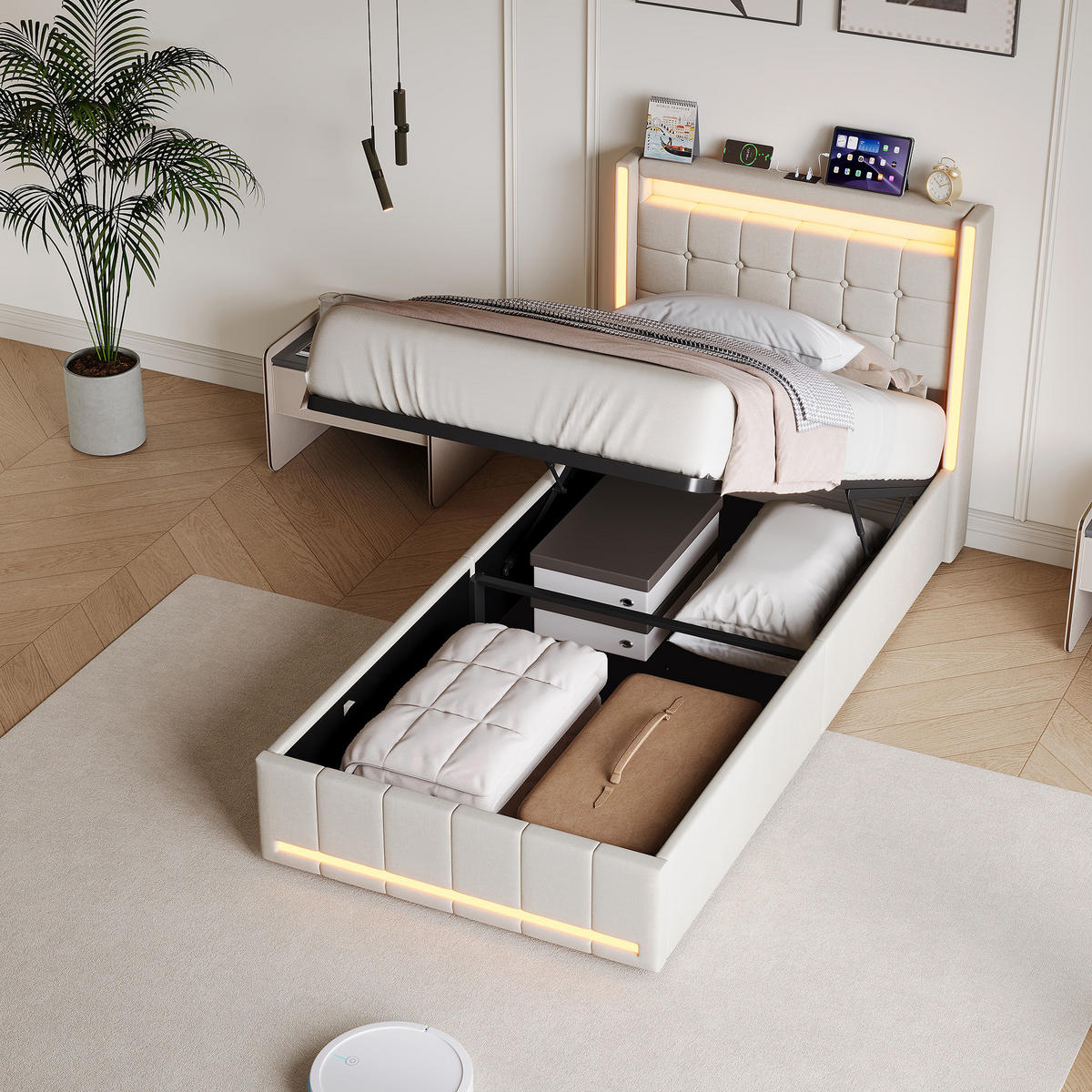 POLSTERBETT 90x200 cm Beige mit LED, Stauraum, USB-C & hydraulischem Lattenrost - Beige, Holz (90/200cm)