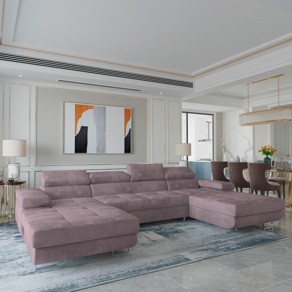 WOHNLANDSCHAFT LYKKE Lila Velours-Stoff mit Schlaffunktion - Lila, Holz (353/90/202cm) - MASSENO