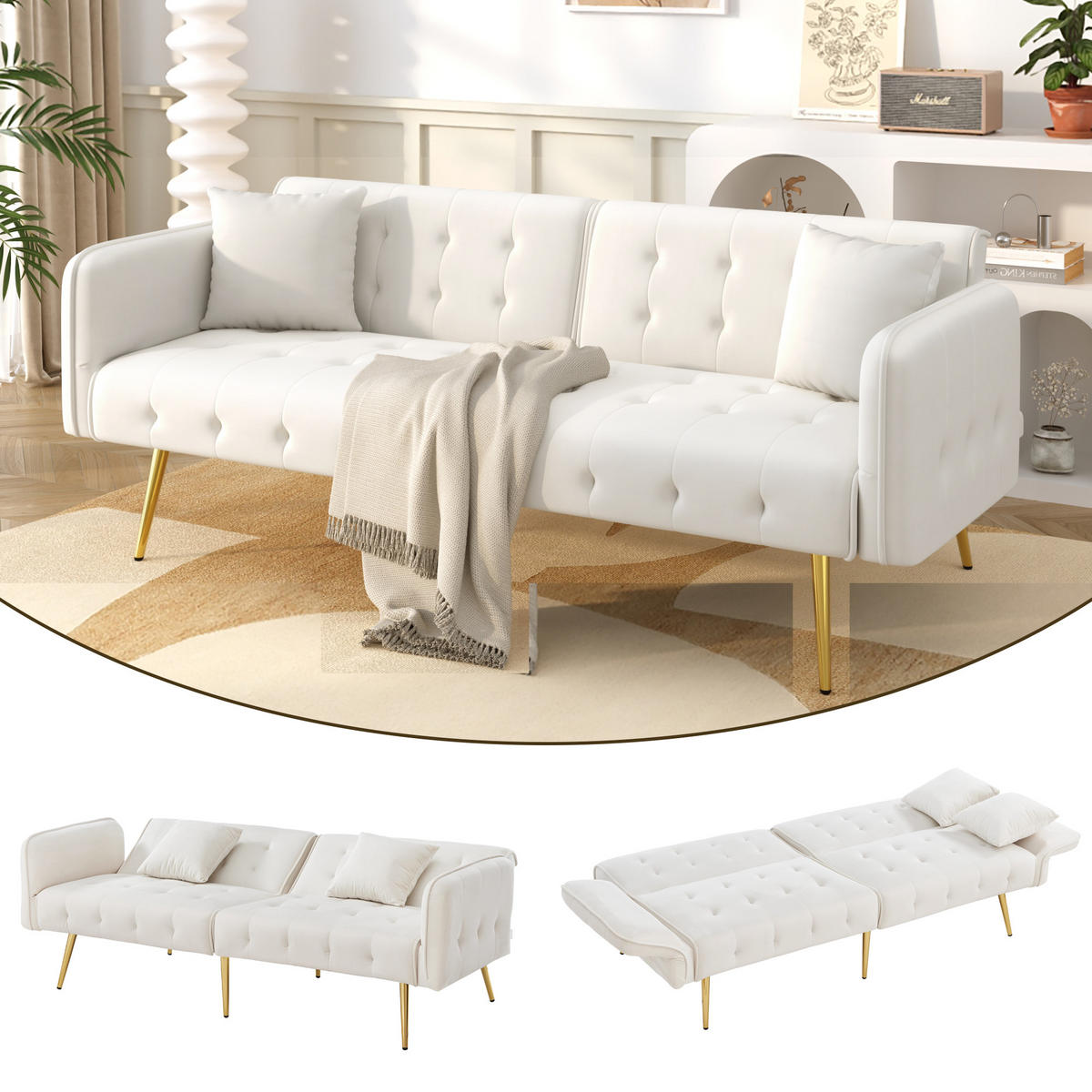SCHLAFSOFA 2-Sitzer mit Veloursbezug und Armlehnen - Creme, Kunststoff (178/70/82cm)