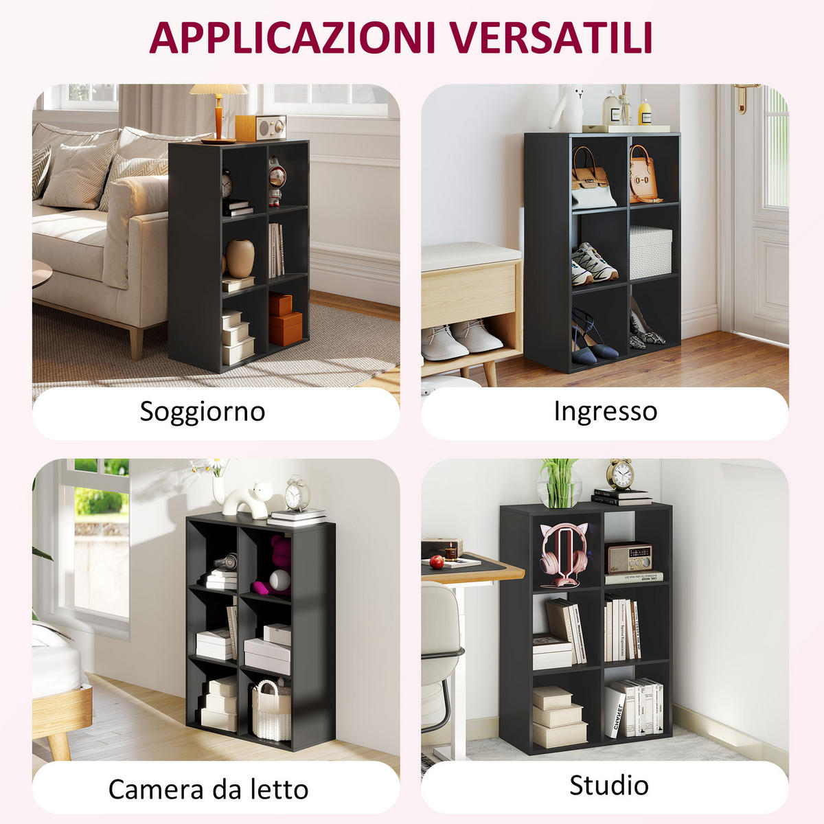 BÜCHERREGAL,WÜRFELFÖRMIG 6 Fächer 61,5x29,5x91,5cm,schwarz - Schwarz, Holzwerkstoff (61.5/91.5/29.5cm) - Vallsero