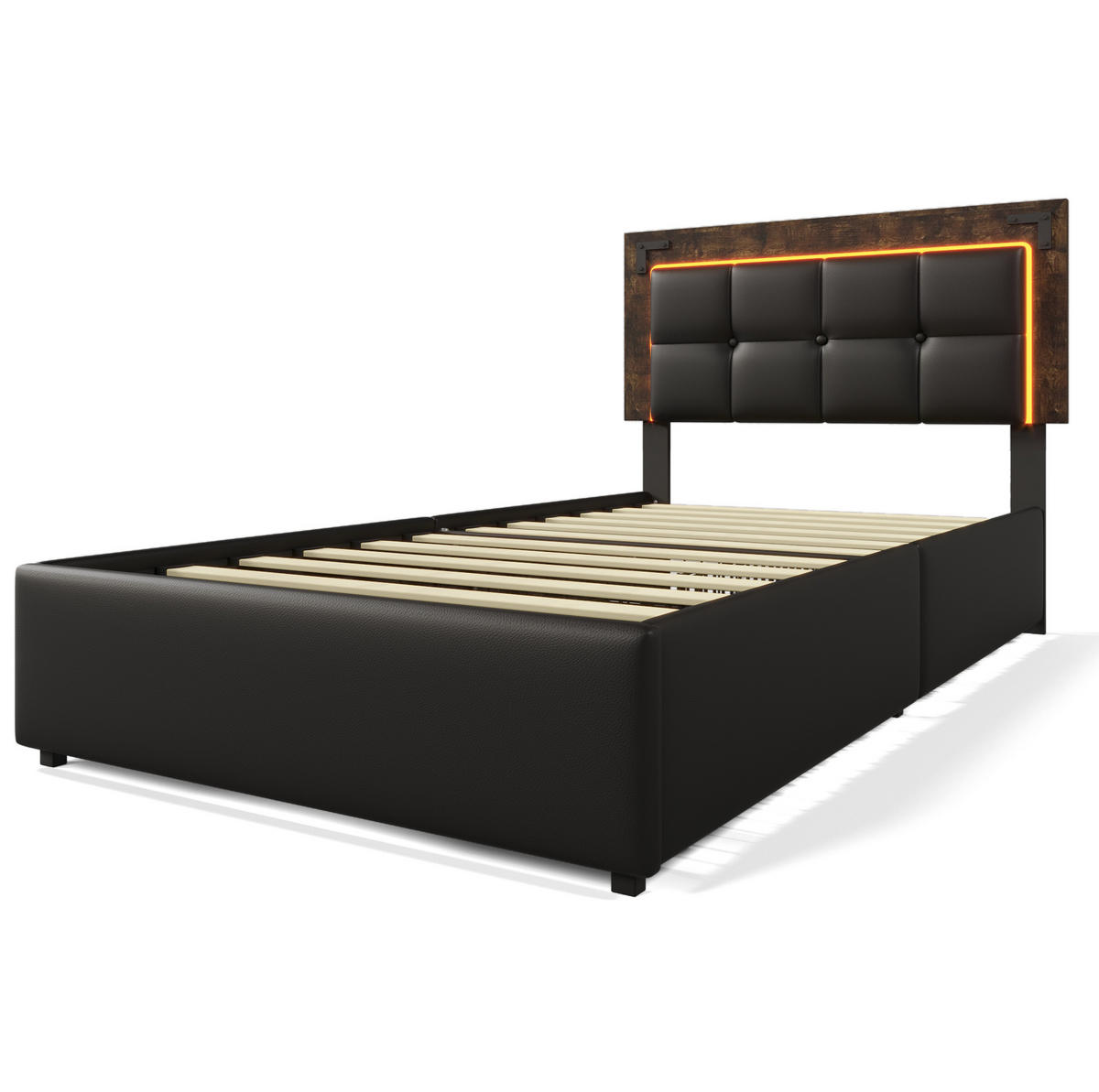 TAPECIRANI krevet od PU umjetne kože 90x200 cm crni s LED rasvjetom, 4 ladice, podesivim uzglavljem i madracem - crna, koža (90/200cm) - Modfu
