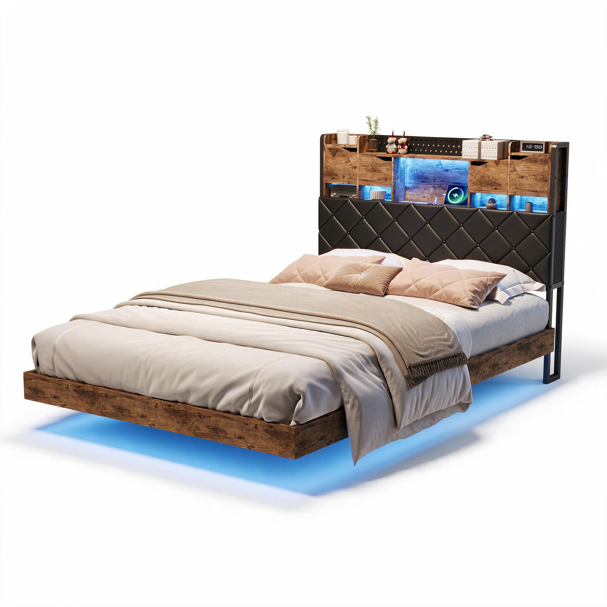 POLSTERBETT 160x200 mit LED-Beleuchtung, Doppelbett Kunstleder - Schwarz, Holz (160/200cm) - PARAFTA HOME