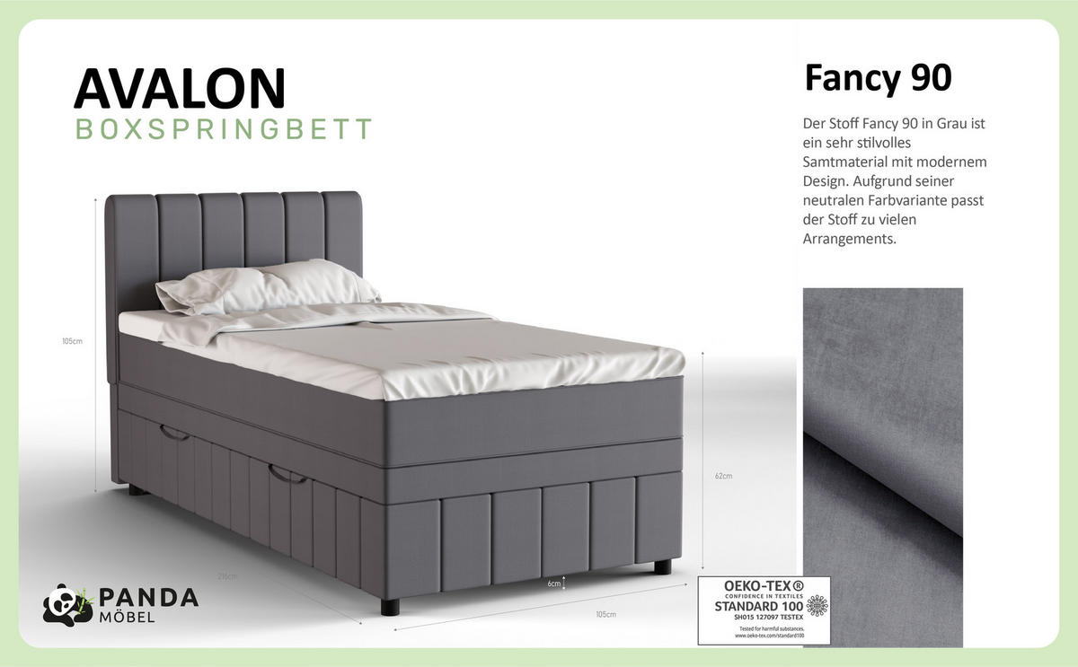 BOXBETT AVALON 100 x 200 cm mit Bettkasten und Topper - Dunkelgrau - Dunkelgrau, Holz - Panda Möbel