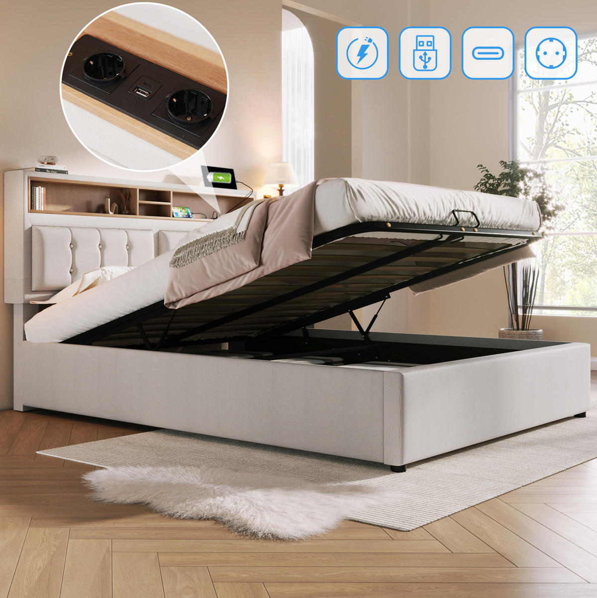 POLSTERBETT 160/200 cm Beige aus Leinen mit Stauraum und USB-C-Anschluss - Beige, Textil (160/200cm) - OKMYHOME