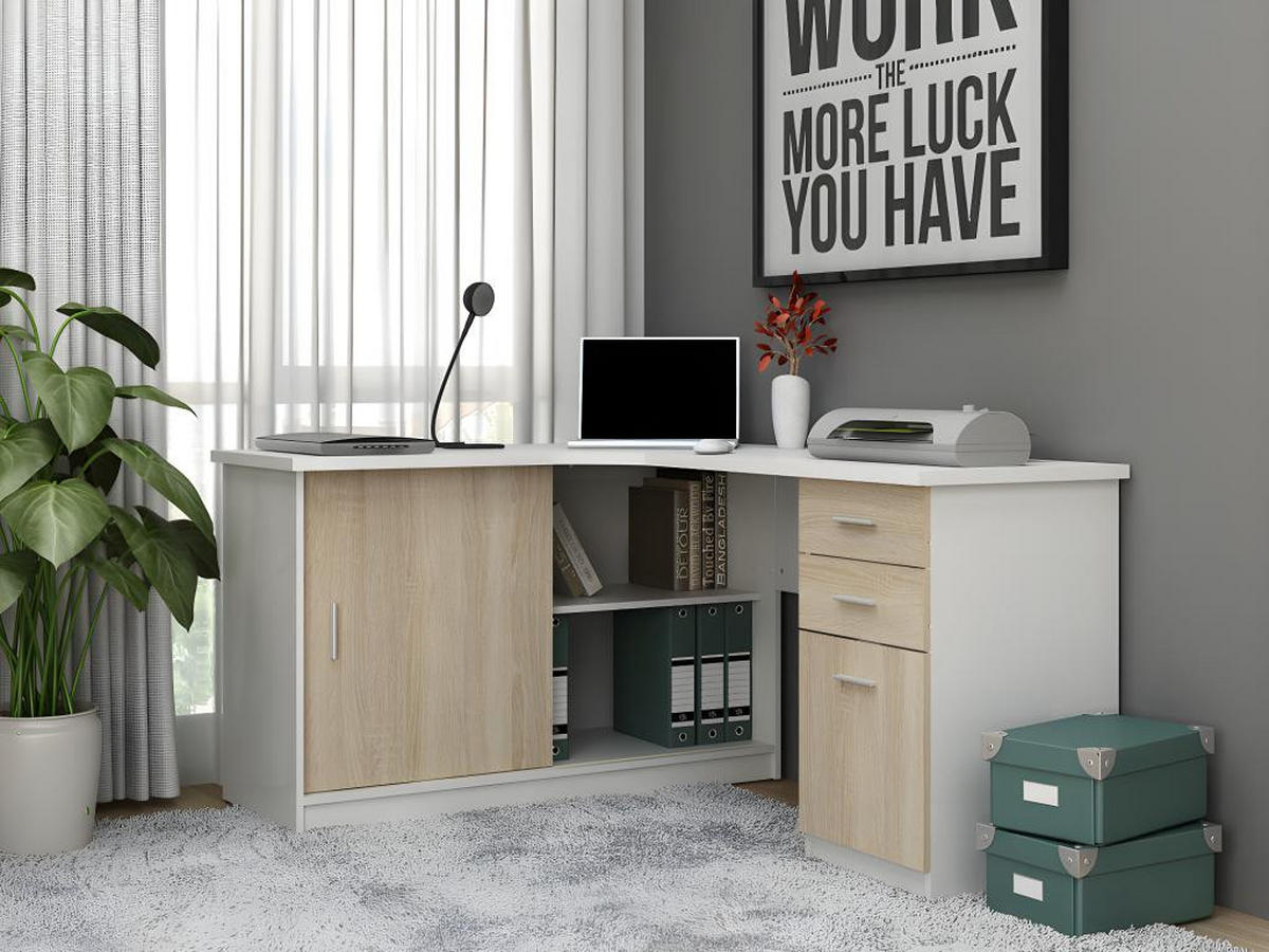 ECKSCHREIBTISCH mit 2 Türen & 2 Schubladen - Weiß & Eichefarben - NORWY - Naturfarben, Holz (150/120/75cm) - Vente-Unique