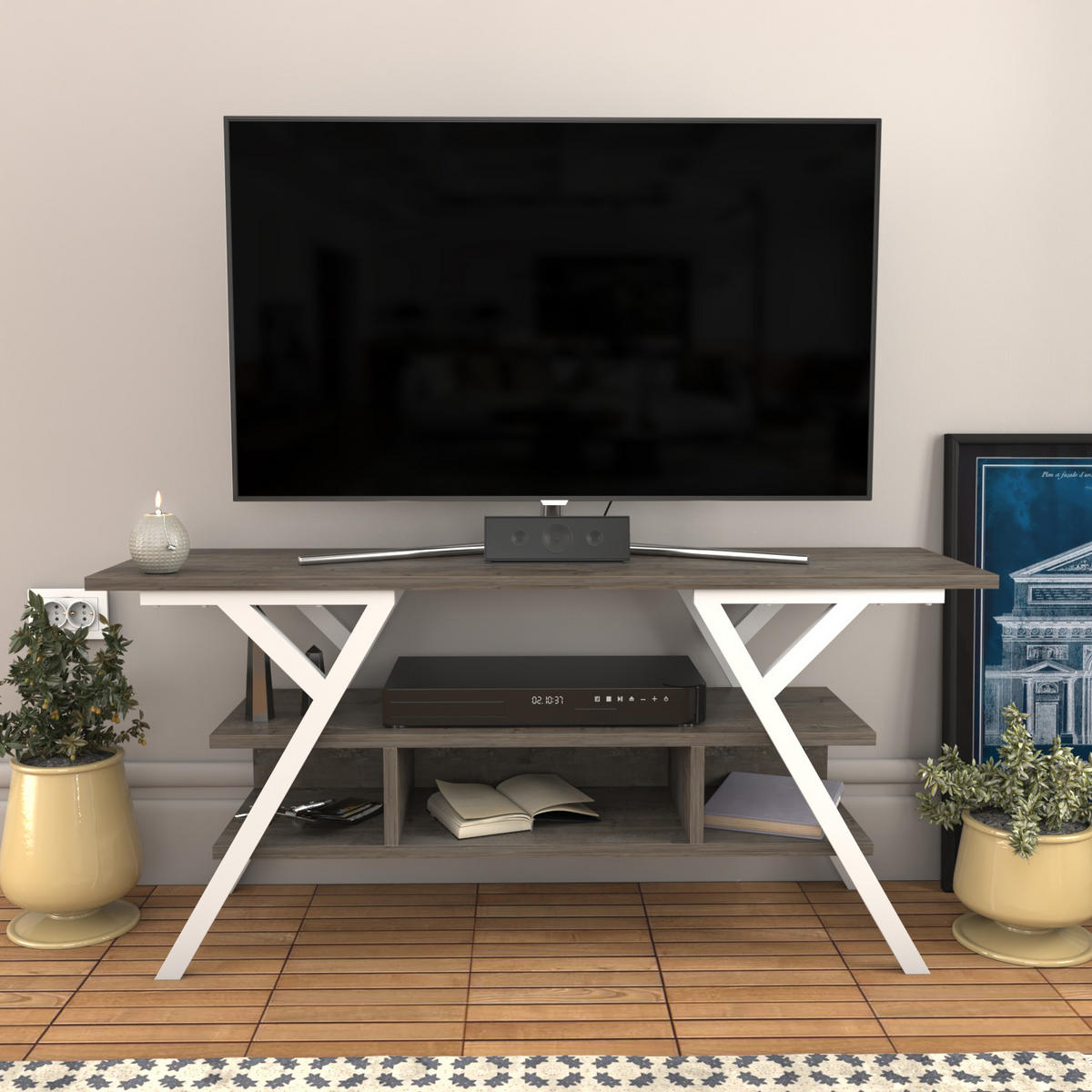 TV Stand Minerva Weiß Wenge - Alteiche, Holzwerkstoff (120/55/35cm) - Decorotika