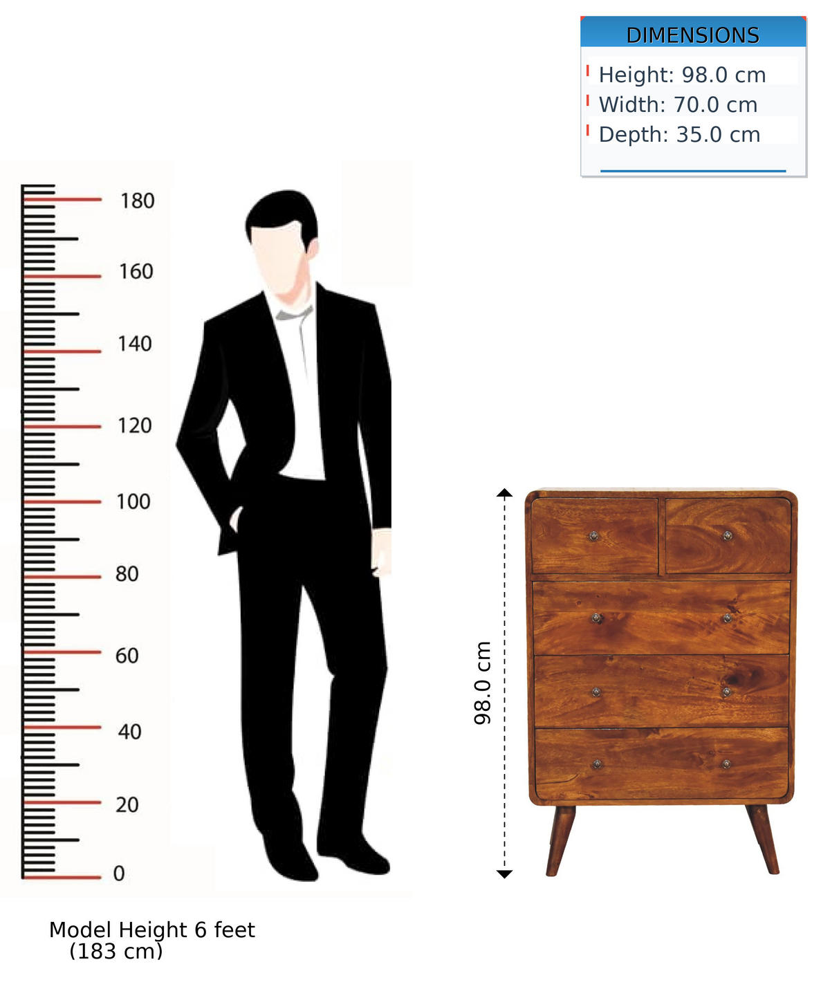 KOMMODE Stella, 2 über 3 Schubladen, Nordische Beine, Braun - Messingfarben/Braun, Holz/Metall (70/98/35cm) - Artisan Furniture