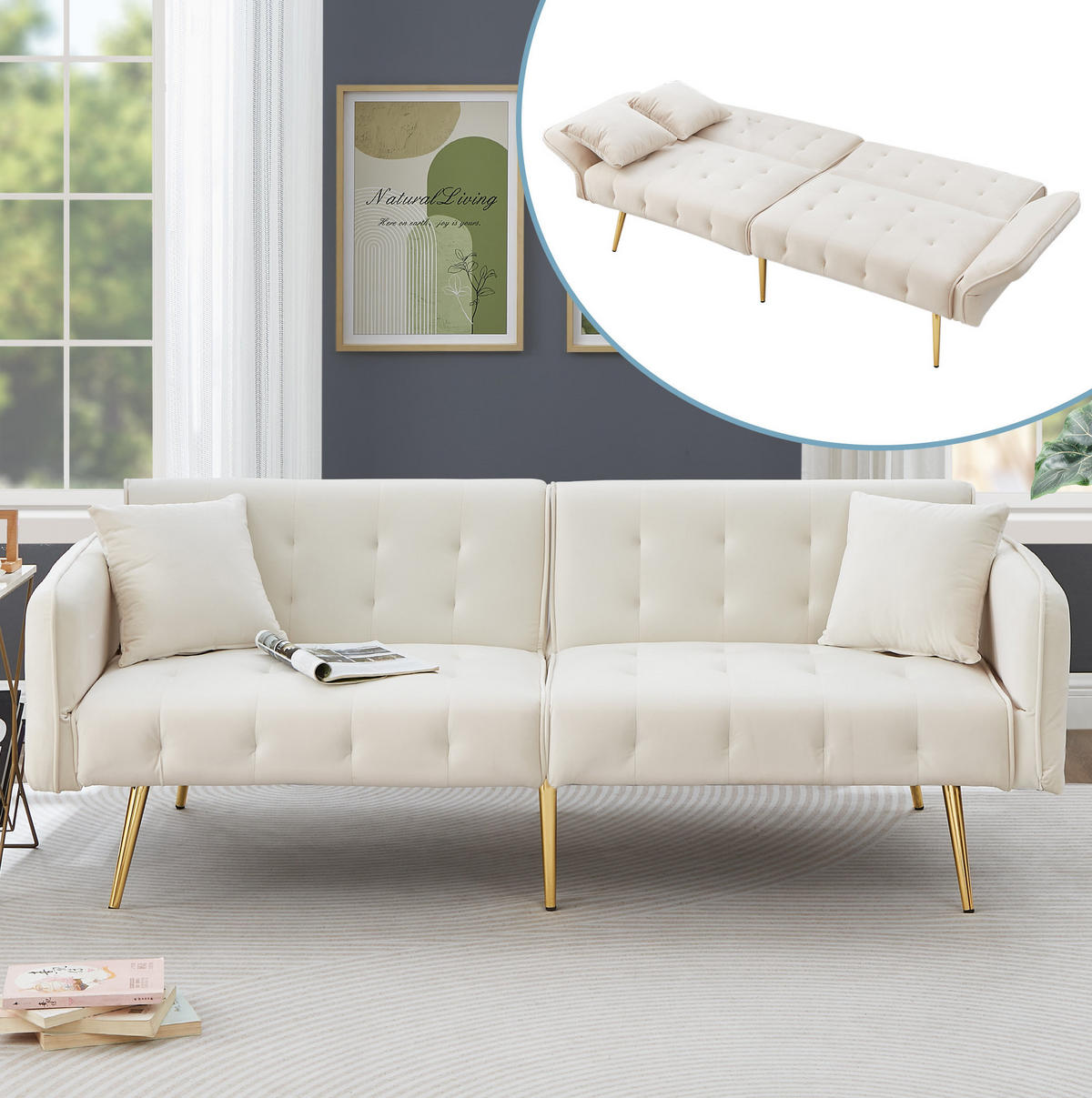 SOFABETT 2-in-1 215 x 81,5 cm Velours Ancient White - Weiß, Kunststoff (178/70/82cm) - Meubliv