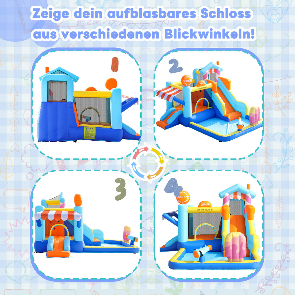 HÜPFBURG Kinder Wasserpark Trampolin Rutsche Wasserpistole - Blau, Textil (395/340/236cm) - FLIEKS