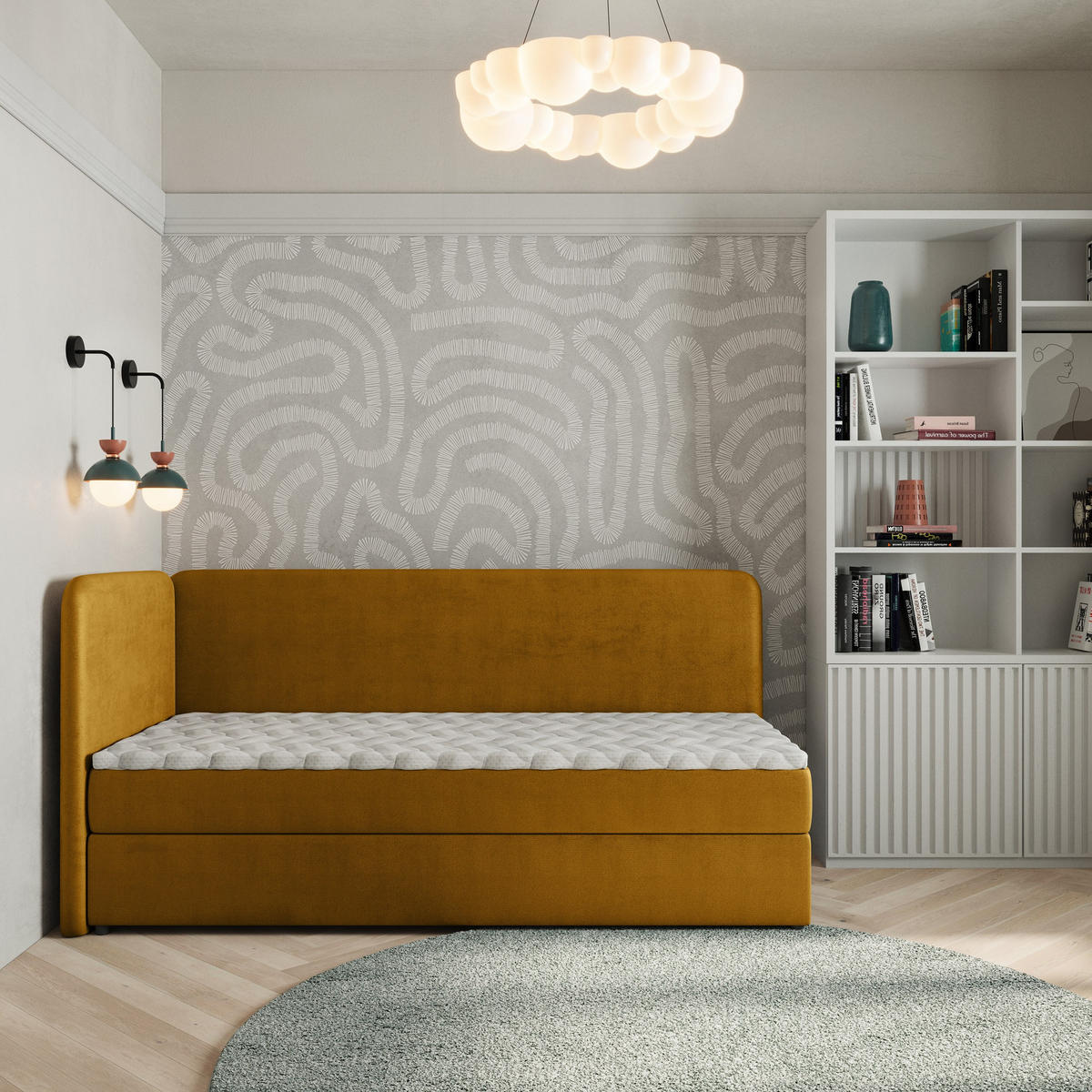 BOXBETT GINA 80x200 cm mit Matratze und Topper, H2+H3 - Gelb - Gelb, Holz (80/200cm) - MASSENO