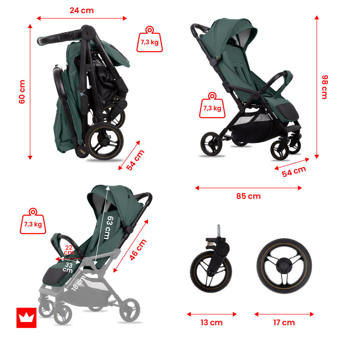 BUGGY Giau, Klein und Leicht, Teleskopische Führung, Kompakt Faltbar, Wickeltasche, Reisetasche - Schwarz/Grün, Textil/Metall (58/98cm) - BabyLux