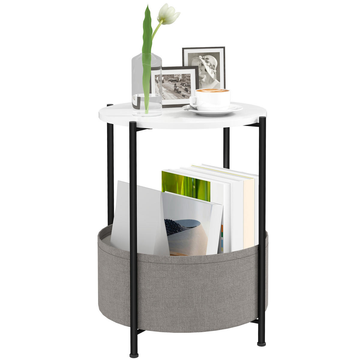 BEISTELLTISCH DE-08739 mit Stoffkorb und Regal Weiß - Weiß, Metall (44/44/56cm) - ComfortXL