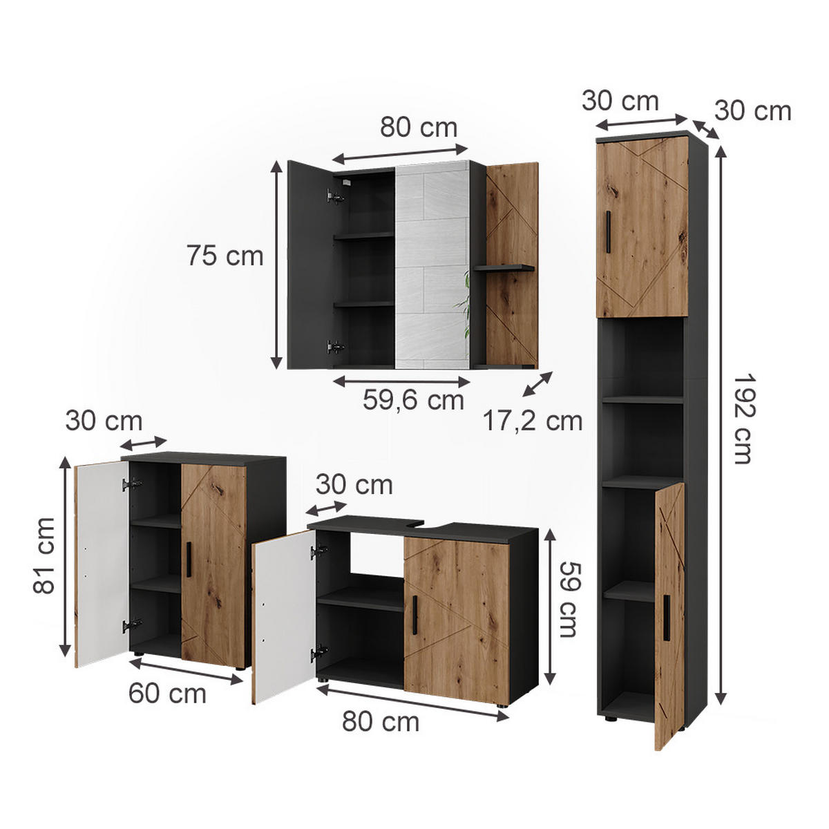 BADMÖBEL-SET Irma Anthrazit/Artisan 4 Teile - Anthrazit/Hellgrau, Holzwerkstoff (80/59/30cm) - Vicco