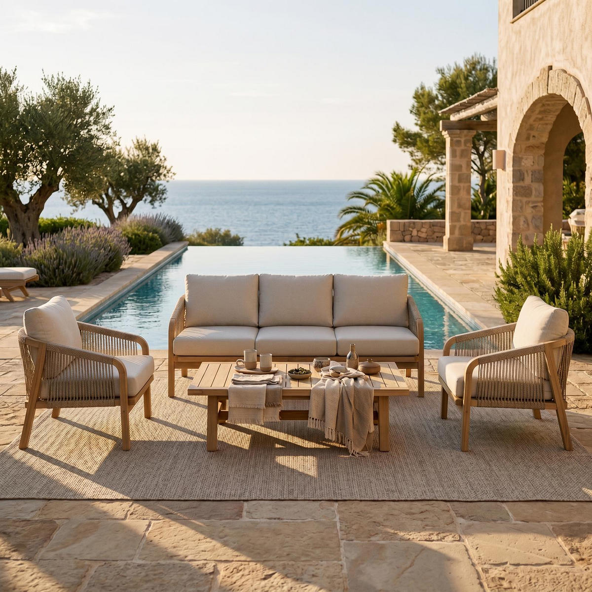 GARTENLOUNGE SANYA 4er Set beige, natur - Beige, Holz/Textil - IDIMEX