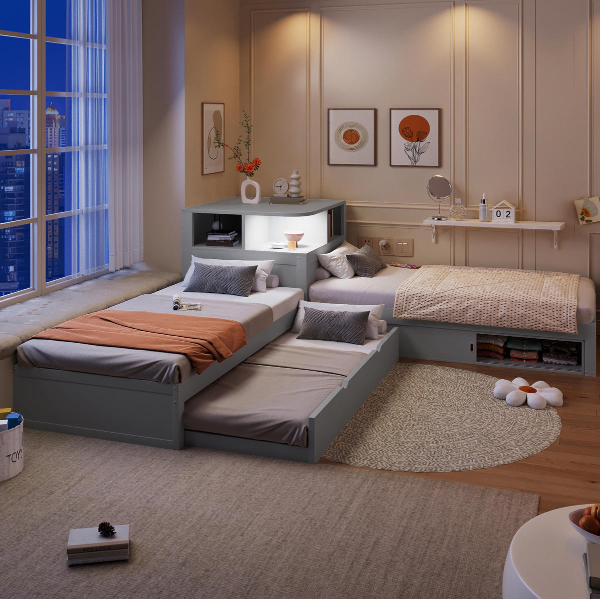 EINZELBETT aus MDF und Kiefer 90x200 cm Grau mit Ausziehbett, Schiebetüren und LED-Nachtlicht - Grau, Holz (90/200cm) - IVMEU