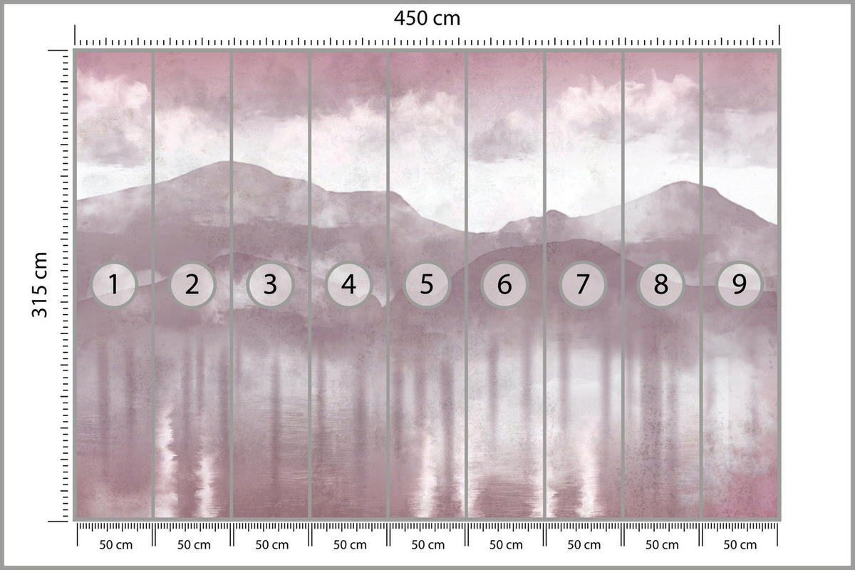 FOTOTAPETE Neblige violette Landschaft Berge 450x315 - Violett/Rosa, Papier (450/315cm) - Muralo
