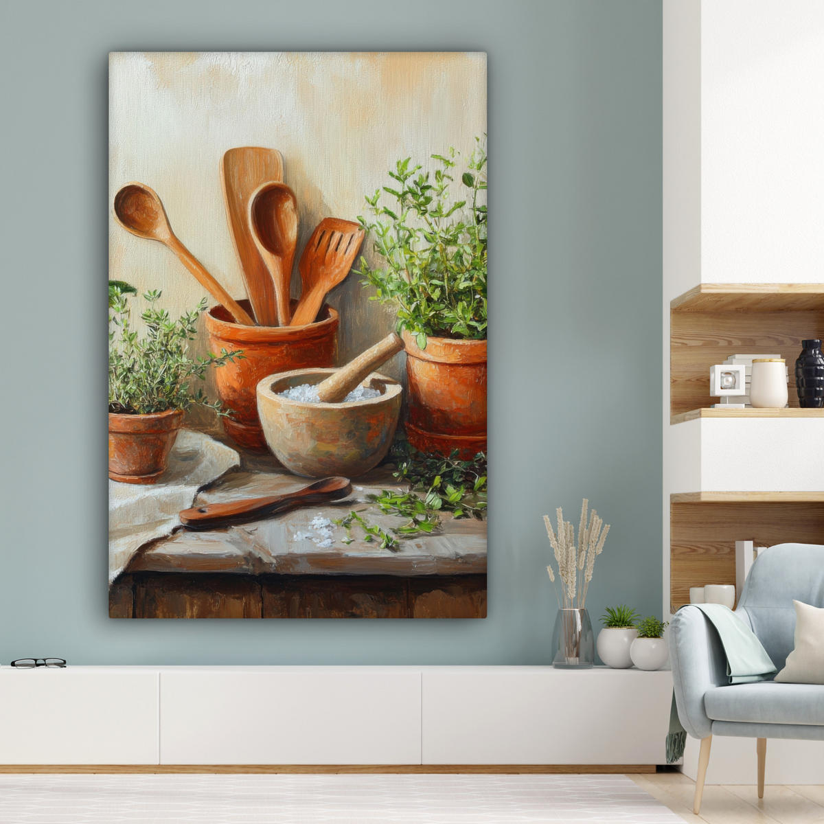 LEINWANDBILD Töpfe - Kräuter - Holz 90x140 cm - Terracotta, Textil (90/140cm) - MuchoWow