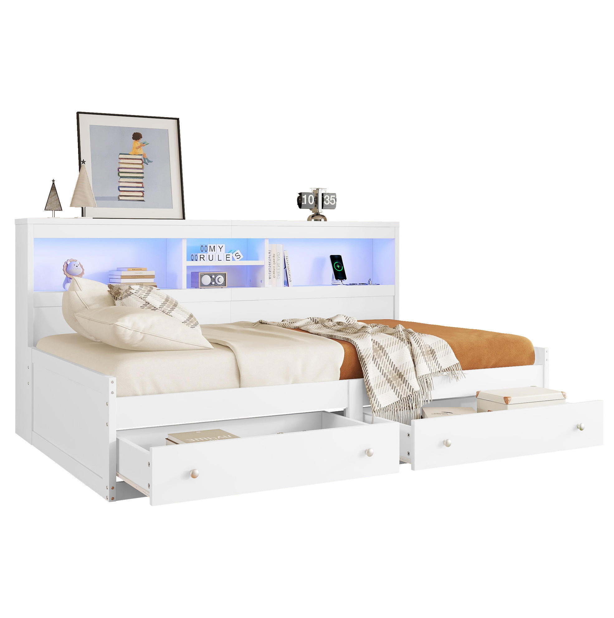 POLSTERBETT 90/200 cm Weiß mit LED-Beleuchtung und USB-Anschlüssen - Weiß, Holzwerkstoff (90/200cm) - Flora Grace