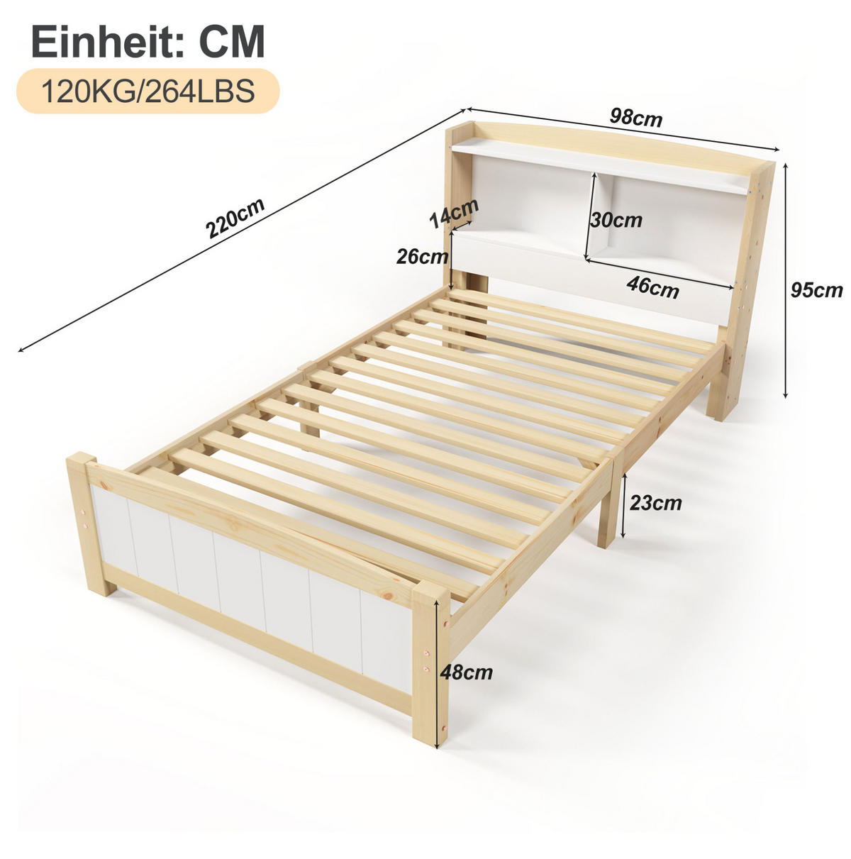 JEDNOLŮŽKOVÁ postel 90/200 cm bílá z masivního dřeva a MDF s úložným čelem - přírodní, dřevo (90/200cm) - OKWISH