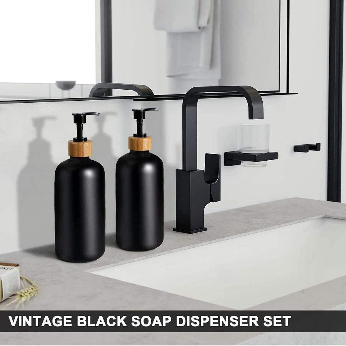 SEIFENSPENDER Set 2-teilig Schwarz Matt Glas mit Tablett - Schwarz, Glas (8/10/10cm)