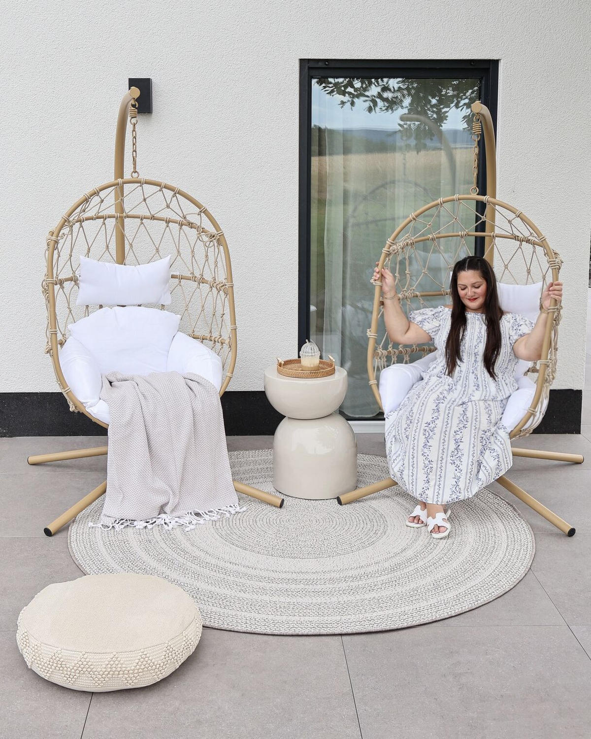 ZÁVĚSNÉ KŘESLO s rámem Flechtseil béžové 100/108 cm Adria - béžová, textil (108/190/100cm) - Beliani