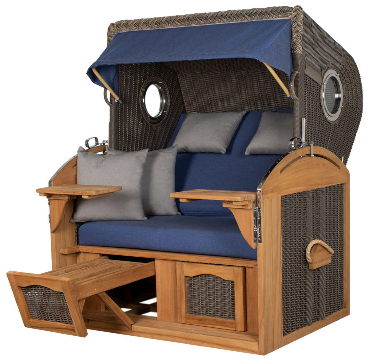 STRANDKORB Komplettset: Borkum XL Teak Bullauge - PE grau - Modell 595 - Blau/Grau, Holz/Kunststoff (142/170/95cm) - bene living