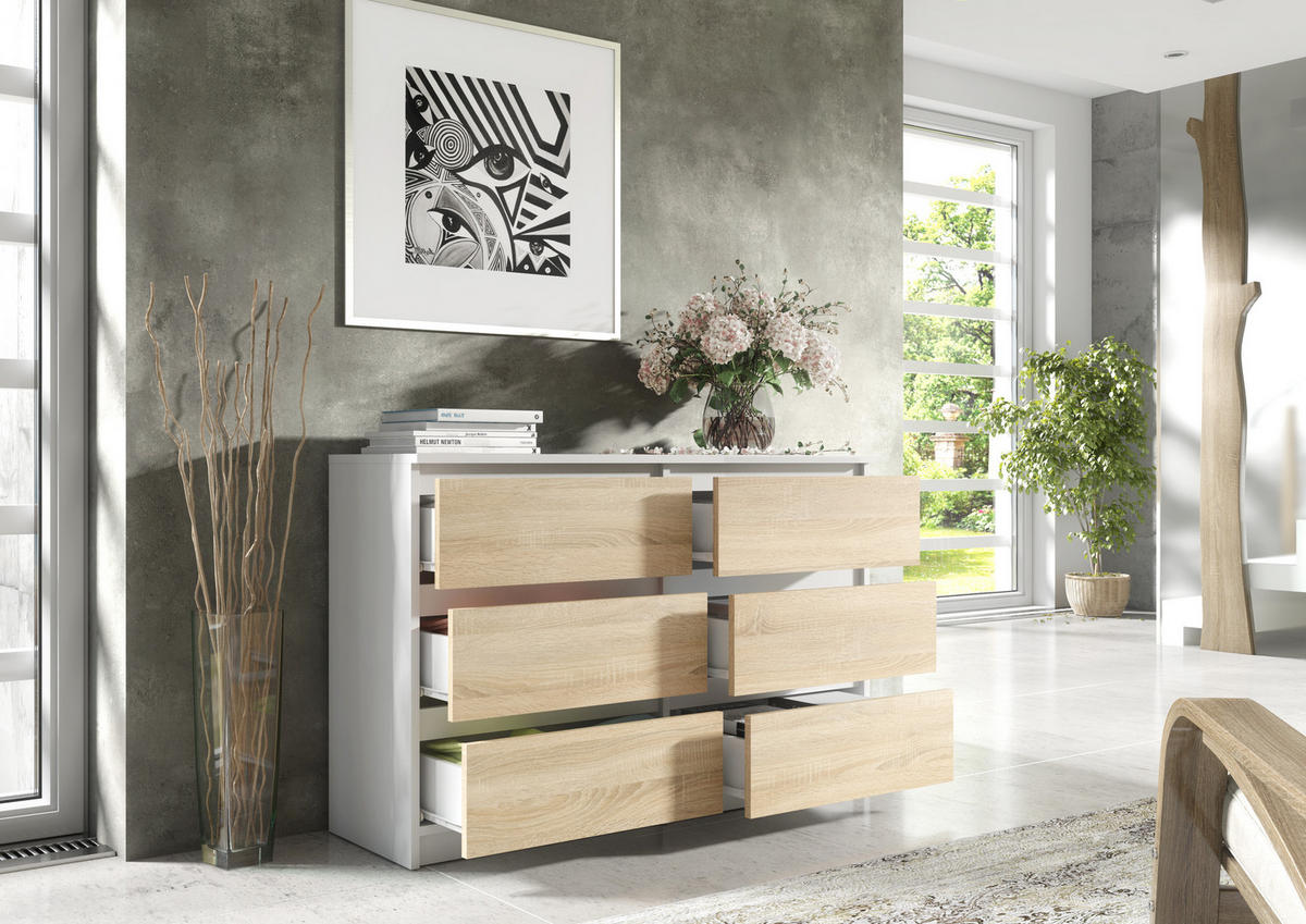 KOMMODE NUDO 120/78,5/39cm mit 6 Schubladen Türen Weiß - Weiß/Sonoma Eiche, Holzwerkstoff (120/78.5/39cm) - MASSENO