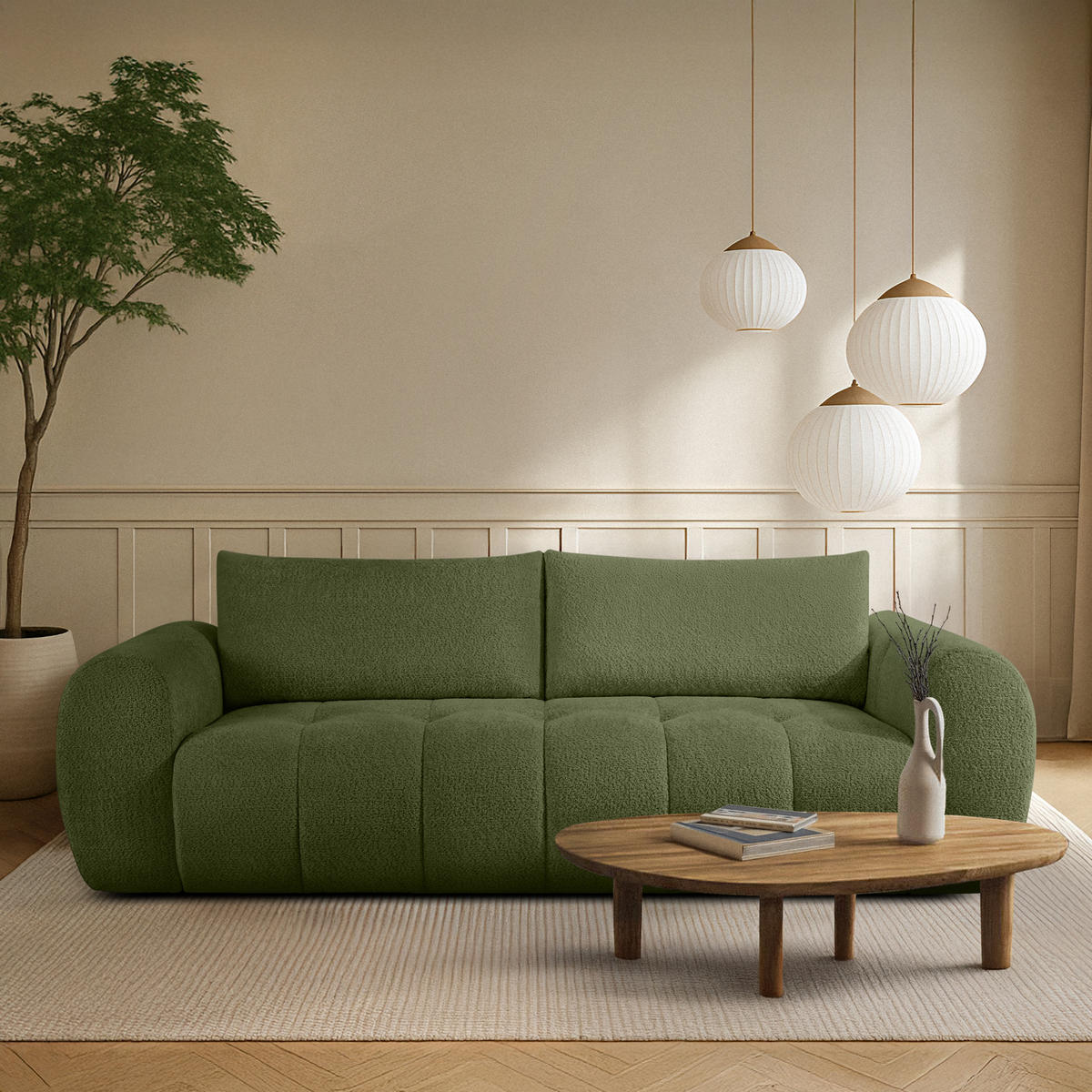 EINZELSOFA LIRA, Olivgrün, Bouclé - Olivgrün, Holz/Holzwerkstoff (256/84/112cm) - KONSIMO®