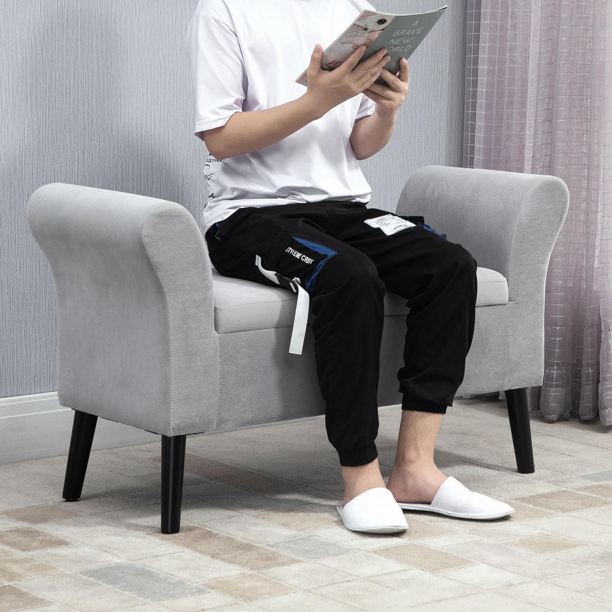 SITZBANK Polsterbank mit Stauraum Armlehnen Truhenbank modern Gummiholz Grau - Hellgrau, Kunststoff (41/65/111.5cm) - HOMCOM