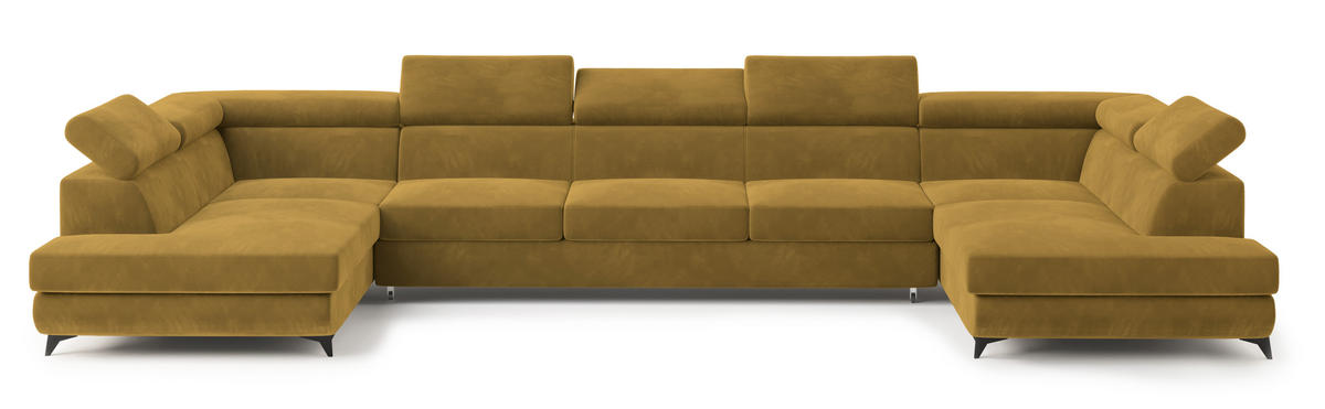 WOHNLANDSCHAFT URMANO Gelb Velours-Stoff mit Schlaffunktion - Gelb, Holz (395/89/190cm) - MASSENO