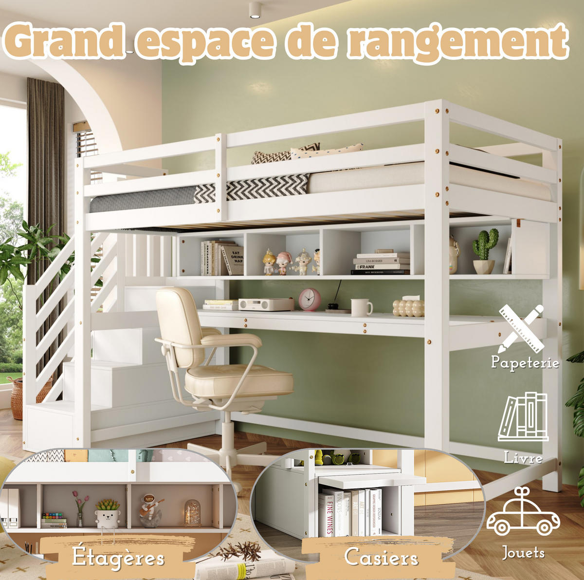 KINDERHOCHBETT 90/200 cm Weiß mit Stauraumtreppe und Schreibtisch - Weiß, Holz (90/200cm) - MIVRAY