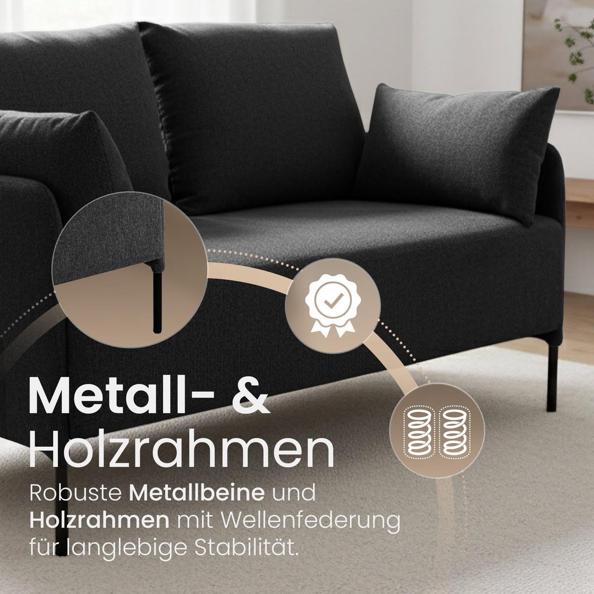 SOFA 131/79 cm Stoff Schwarz - Schwarz, Textil/Metall (131/79/79cm) - CLP