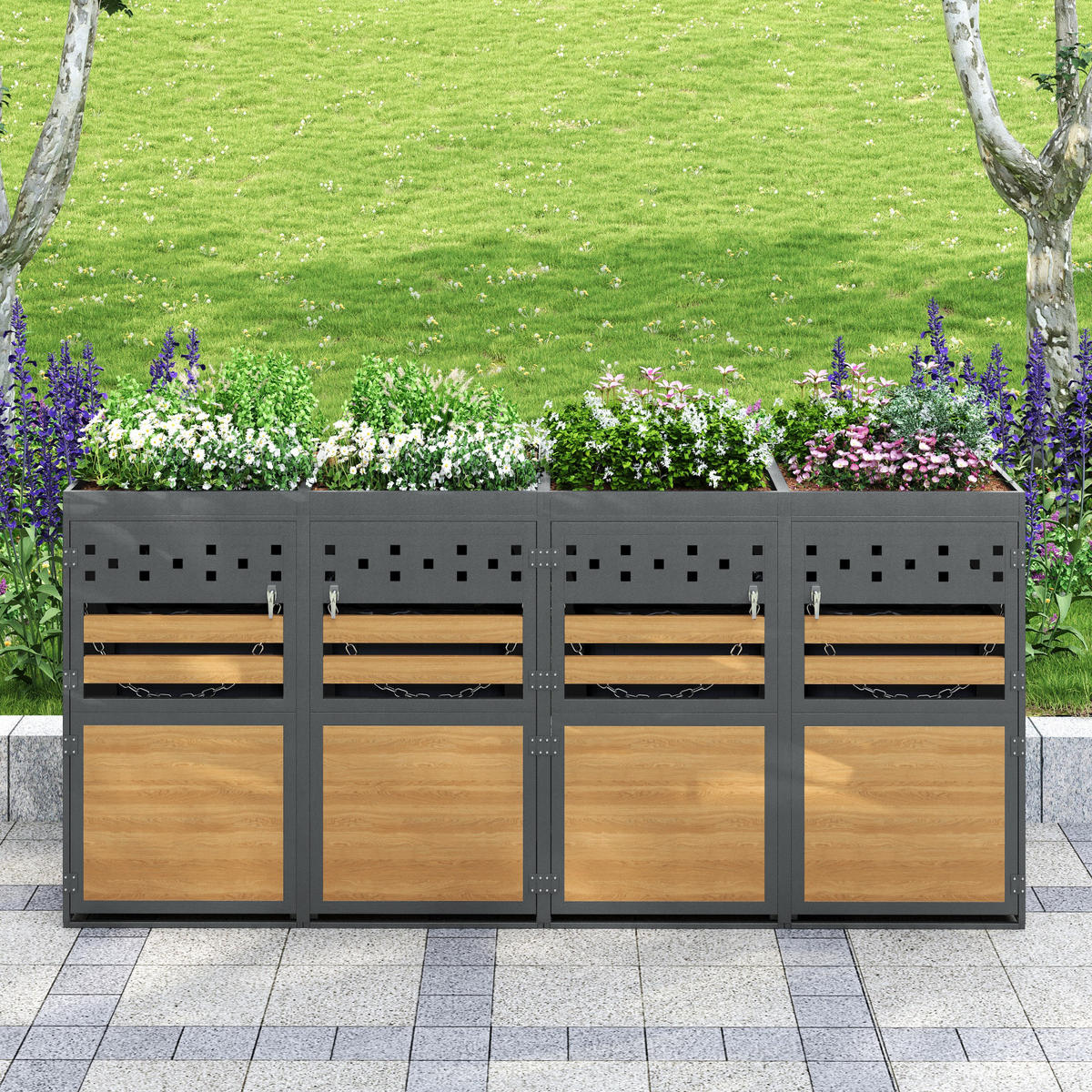 MÜLLTONNENBOX aus Metall in Grau Natur mit Pflanzendach - Grau, Metall (264/125/80cm) - Modfu