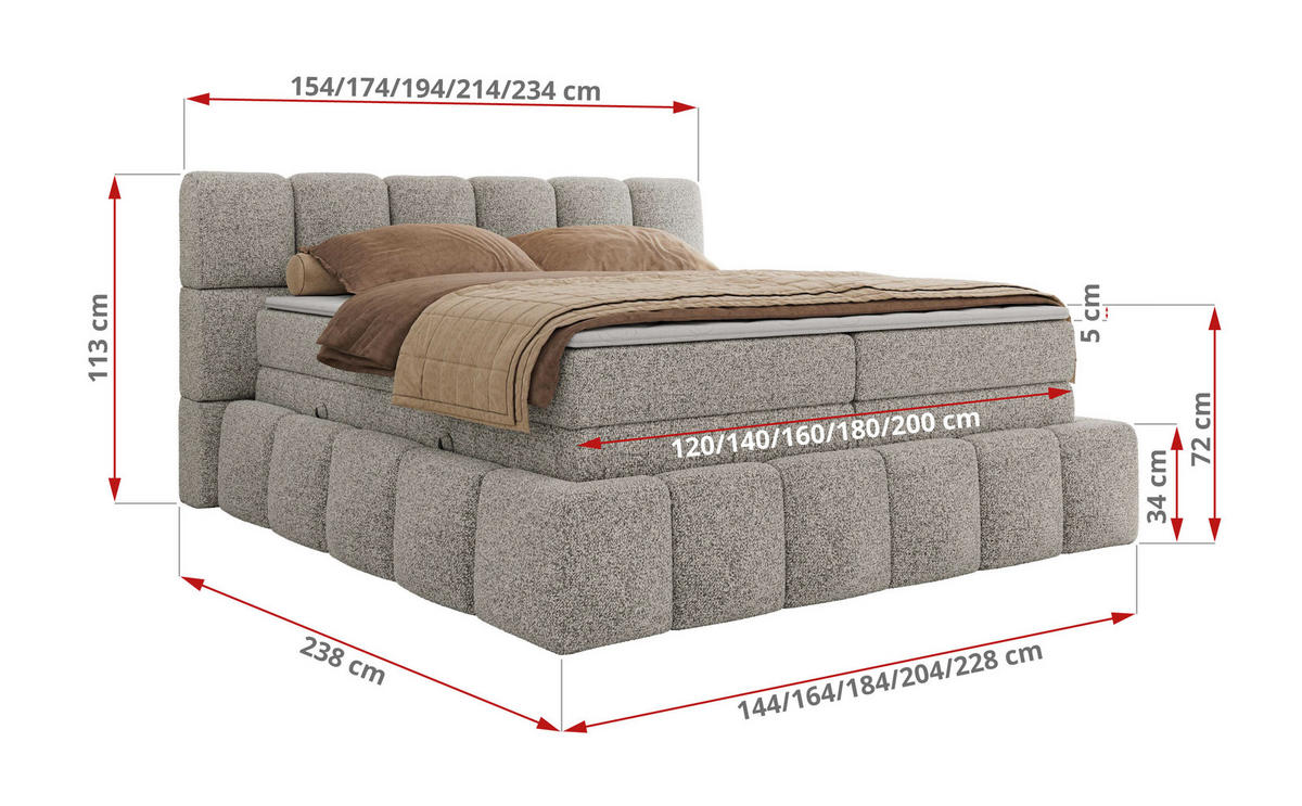 BOXSPRINGBETT NIRA KING 140/200 Hellgrau Strukture - H3 - Hellgrau, Holz/Textil (140/200cm) - MKS