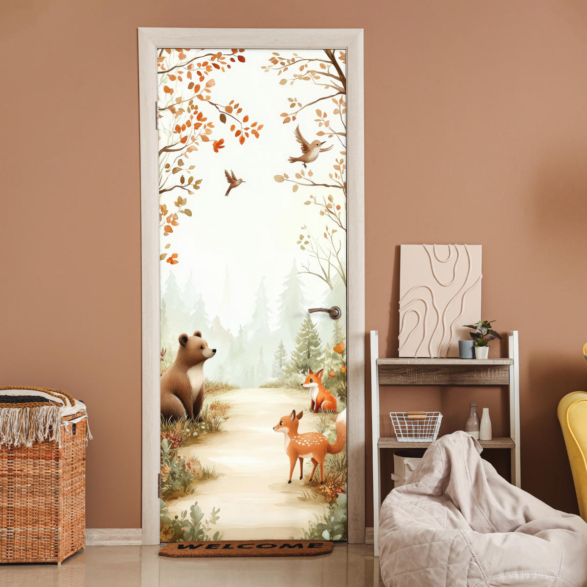 FOTOTAPETE Tür - Wald - Herbst - Waldtiere - Bär - Fuchs 95x235 cm - Kastanienfarben, Kunststoff (95/0.1cm) - MuchoWow