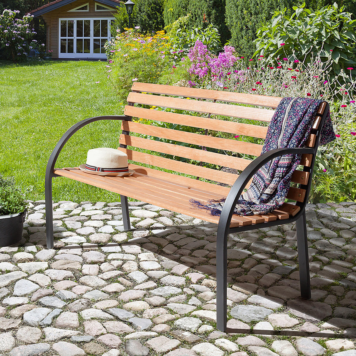 GARTENBANK - Massivholz - Schwarz/Braun, Holz/Metall (122/80/63cm) - home24