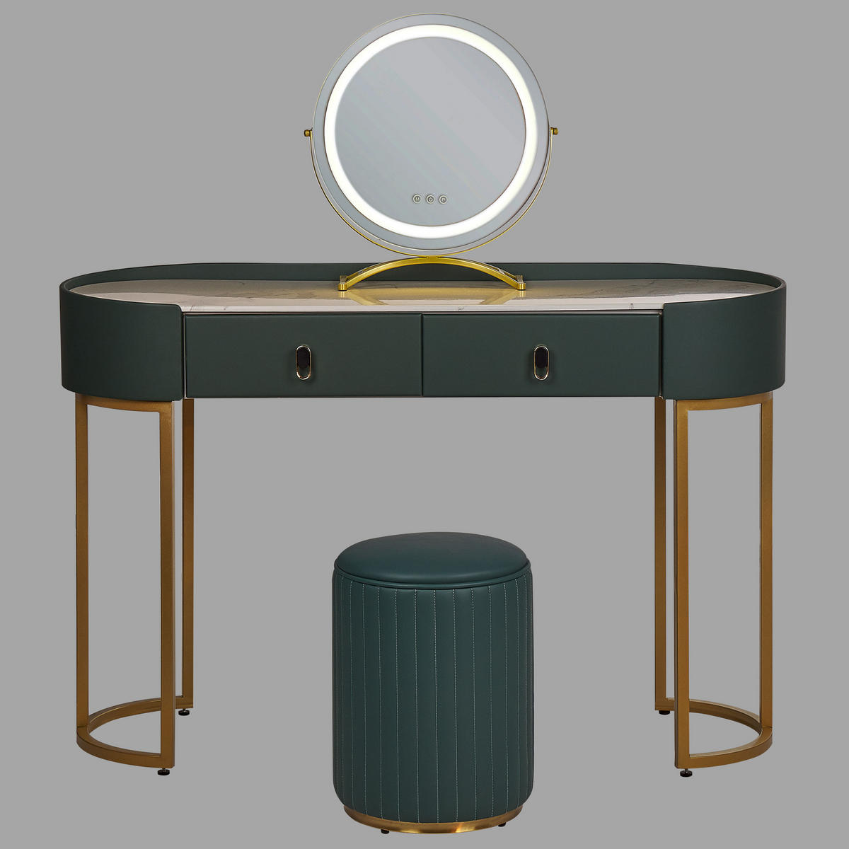 SCHMINKTISCH mit rundem LED-Spiegel Hocker 2 Schubladen dunkelgrün/gold Vinax - Goldfarben/Grün, Holzwerkstoff (118/125/39cm) - Beliani