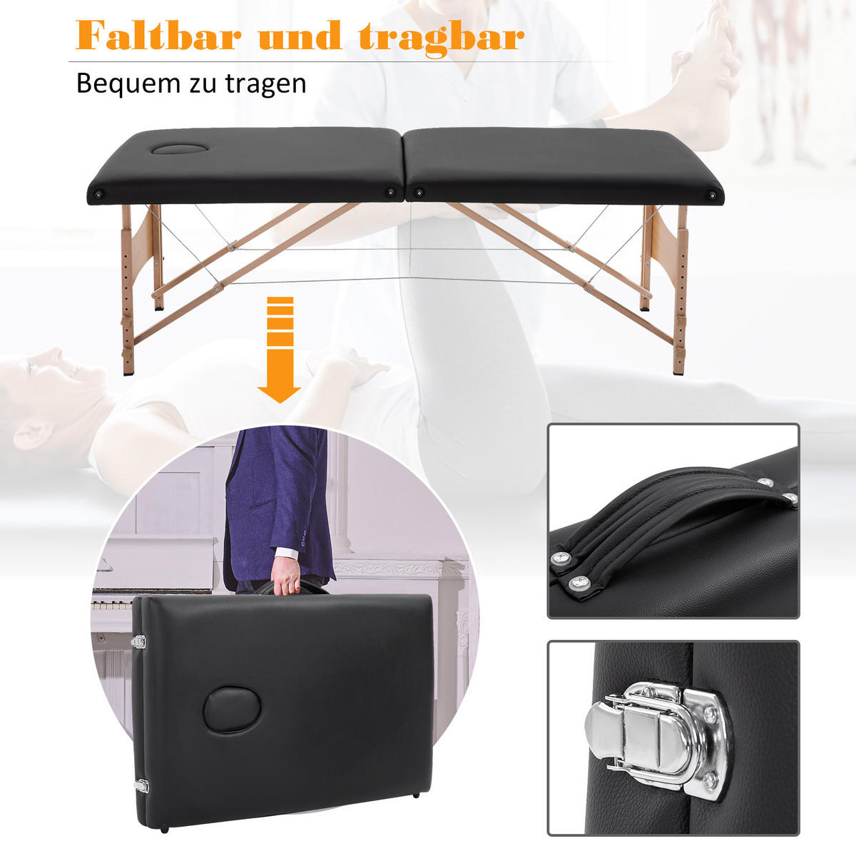 MASSAGELIEGE Mobiler Massagetisch Höhenverstellbar Kosmetik Bank Holz Schwarz - Schwarz, Kunststoff (60/58/186cm) - HOMCOM