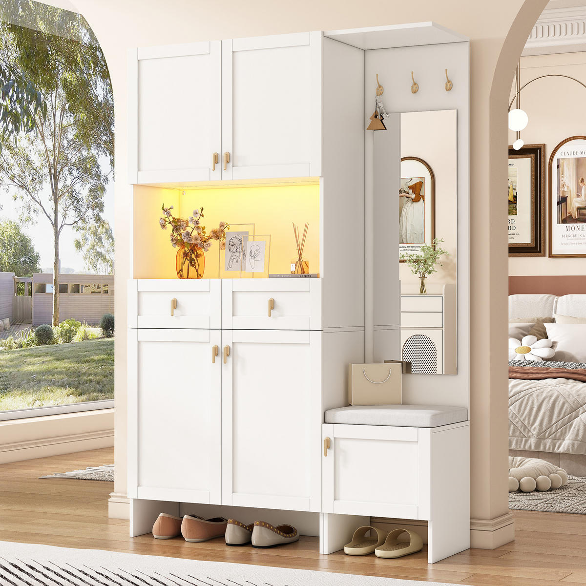 GARDEROBENSET Wand mit Schuhbank Weiß 120x33.5x180cm 3 Haken - Weiß, Holzwerkstoff (33.5/180/120cm) - FLIEKS