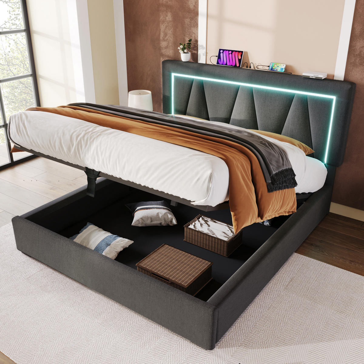 POLSTERBETT 160/200 cm mit Bettkasten, LED-Beleuchtung & USB/Type‑C, höhenverstellbares Kopfteil,Grau - Grau, Textil (160/200cm) - Redom