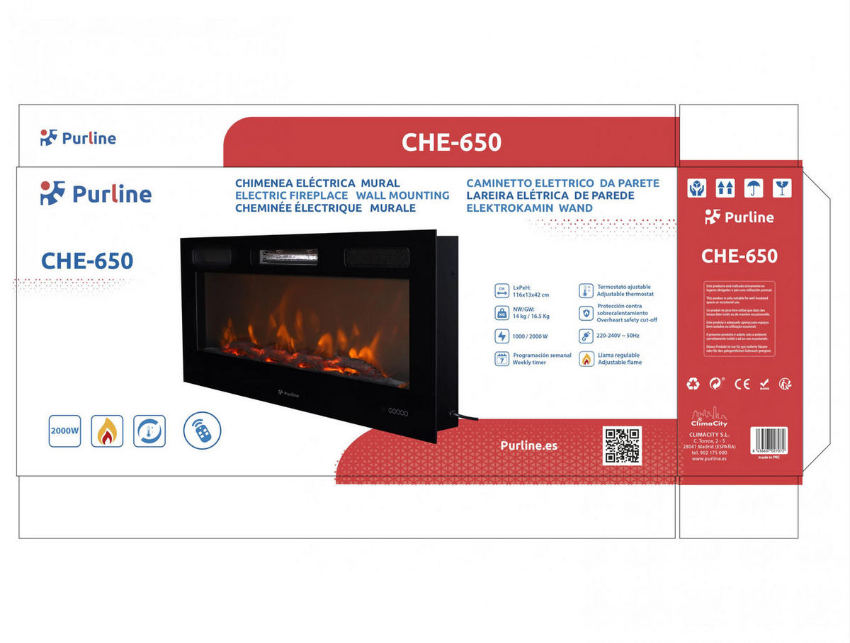 ELEKTROKAMIN Schwarz Wandmodell mit Heizung 2000 W - Schwarz, Glas (116/13/42cm) - Purline